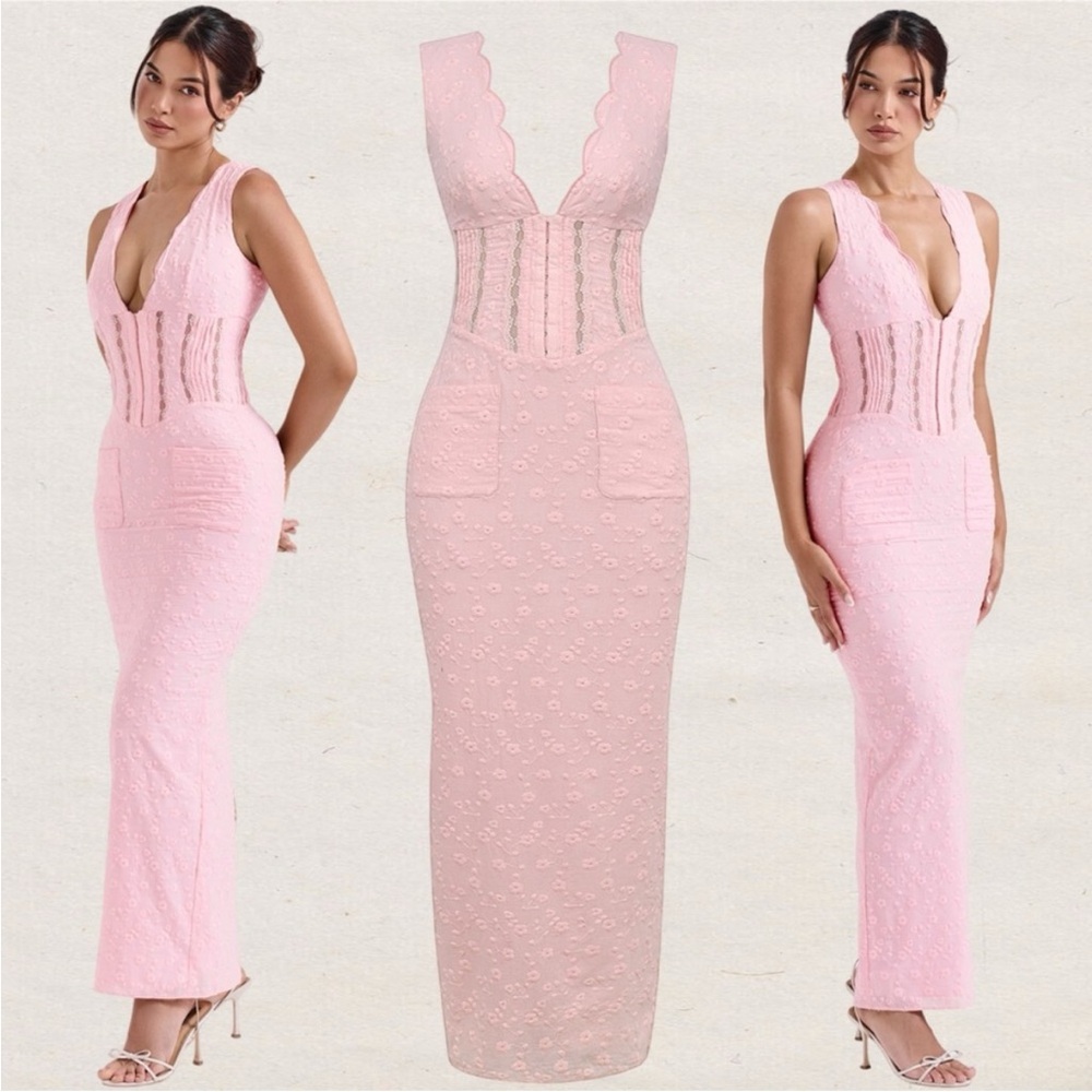 House of CB‎ Sophina Maxi Midi Dress Pockets Eyelit Scalloped Plunge NWOT size S